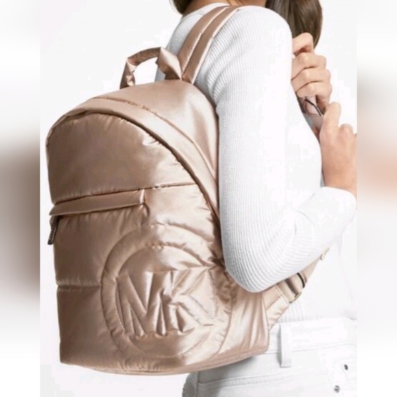 Michael Kors Handbags - MICHAEL KORS Rae Medium Quilted Rose Gold Metallic Cotton Blend Backpack SEALED